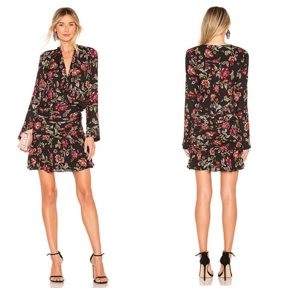 A.L.C. Dress Womens 10 Black Floral Haven Ruched Silk Long‎ Sleeve NWT Flaw $595 - Picture 1 of 16